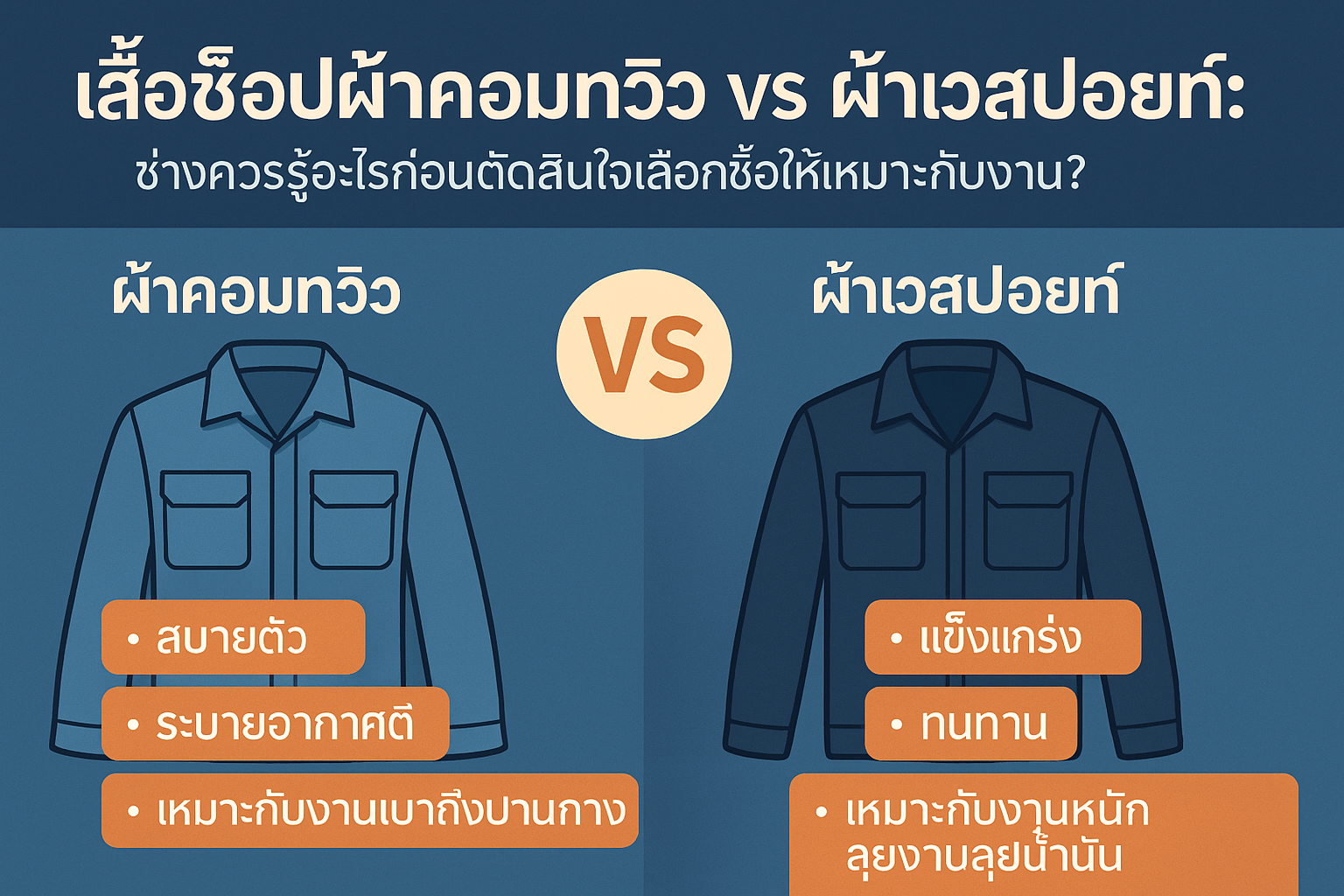 เสื้อช็อปผ้าคอมทวิว vs ผ้าเวสปอยท์: ช่างควรรู้อะไรก่อนตัดสินใจเลือกซื้อให้เหมาะกับงาน?