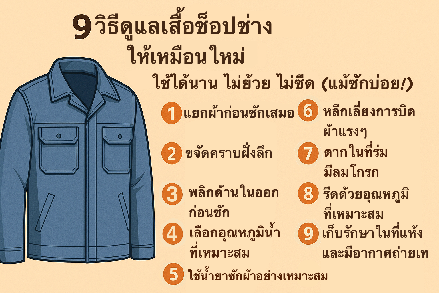 9 วิธีดูแลเสื้อช็อปช่างให้เหมือนใหม่ ใช้ได้นาน ไม่ย้วย ไม่ซีด (แม้ซักบ่อย!)