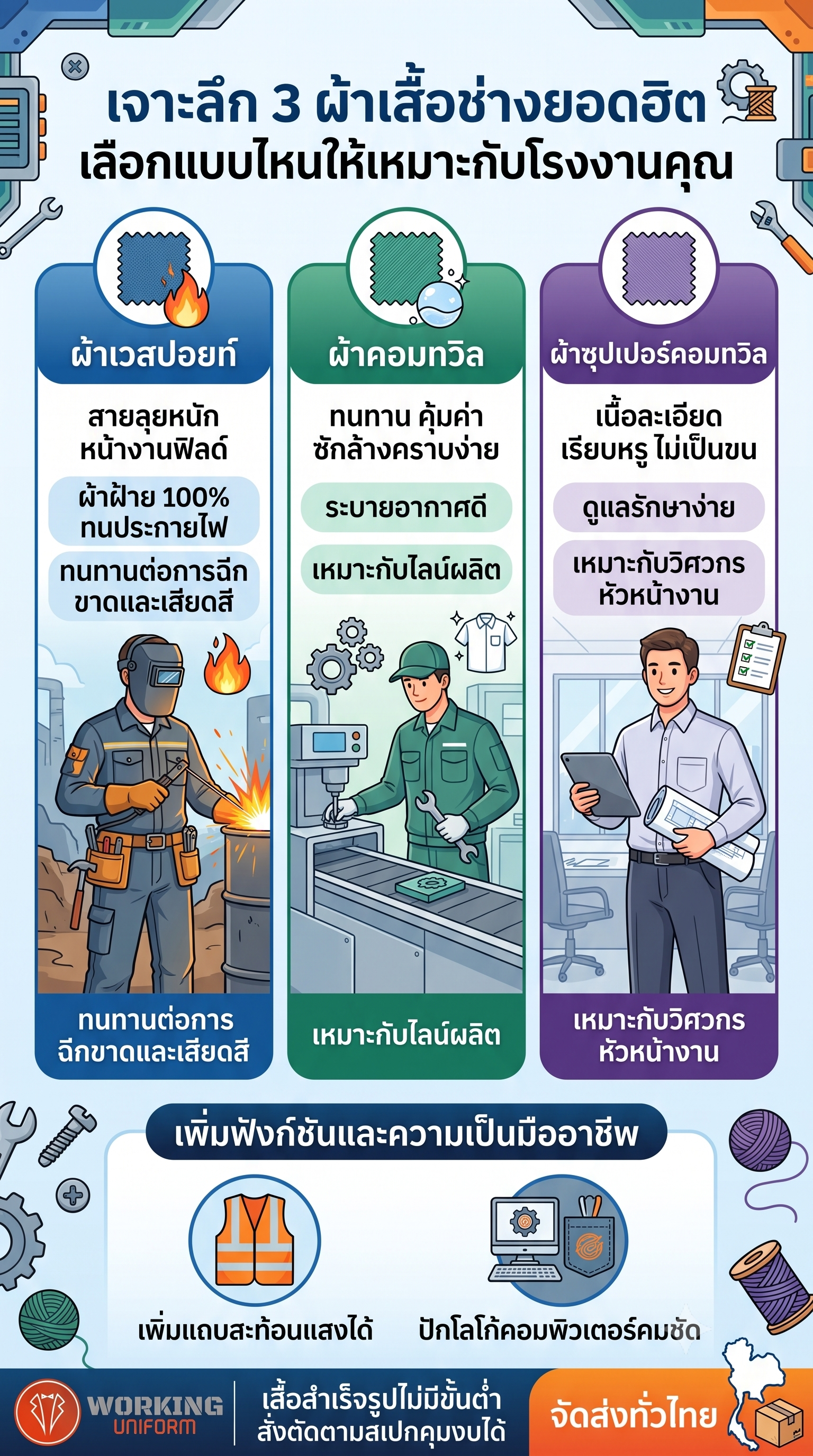 เจาะลึกเนื้อผ้าสำหรับ "เสื้อช่างและชุดหมีโรงงาน" ผ้าแบบไหนทนทาน ปลอดภัย และเหมาะกับหน้างานวิศวกรรม?