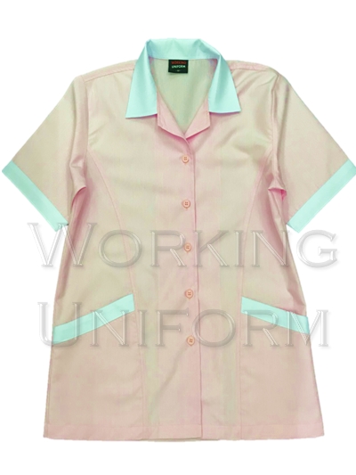 เสื้อแม่บ้านสีชมพู คอฮาวาย ปกขาว IN STOCK