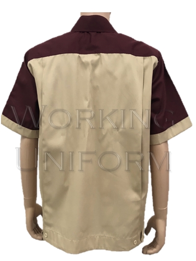 เสื้อช็อปแขนสั้นสีน้ำตาล ต่อบ่าสีเลือดหมู กระเป๋าเจาะ เสื้อช็อปแขนสั้นสีน้ำตาล ต่อบ่าสีเลือดหมู กระเป๋าเจาะ