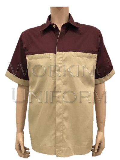 เสื้อช็อปแขนสั้นสีน้ำตาล ต่อบ่าสีเลือดหมู กระเป๋าเจาะ เสื้อช็อปแขนสั้นสีน้ำตาล ต่อบ่าสีเลือดหมู กระเป๋าเจาะ