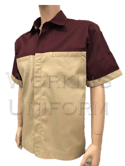 เสื้อช็อปแขนสั้นสีน้ำตาล ต่อบ่าสีเลือดหมู กระเป๋าเจาะ เสื้อช็อปแขนสั้นสีน้ำตาล ต่อบ่าสีเลือดหมู กระเป๋าเจาะ