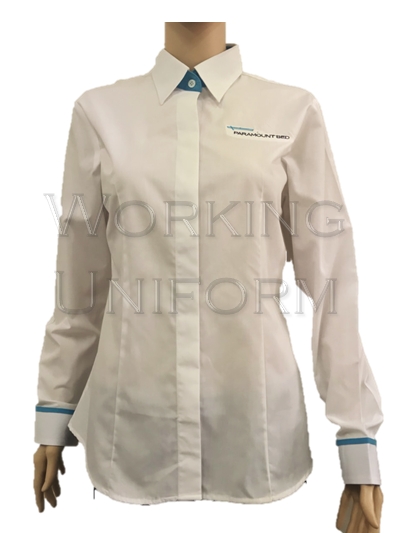 เสื้อเชิ้ตแขนยาว สีขาว แต่งสีฟ้า ผ้าคอมทวิว เสื้อเชิ้ตแขนยาว สีขาว แต่งสีฟ้า ผ้าคอมทวิว