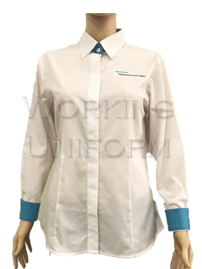 เสื้อเชิ้ตแขนยาว สีขาว แต่งสีฟ้า ผ้าคอมทวิว เสื้อเชิ้ตแขนยาว สีขาว แต่งสีฟ้า ผ้าคอมทวิว
