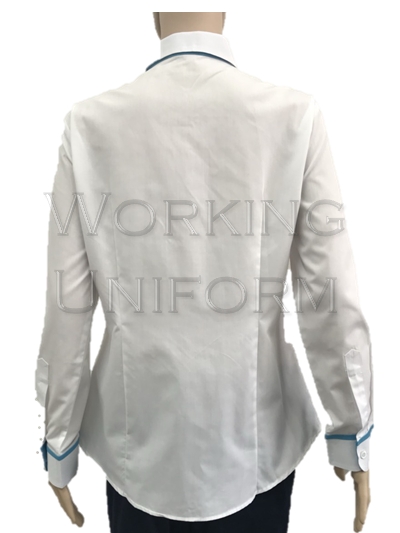 เสื้อเชิ้ตแขนยาว สีขาว แต่งสีฟ้า ผ้าคอมทวิว เสื้อเชิ้ตแขนยาว สีขาว แต่งสีฟ้า ผ้าคอมทวิว