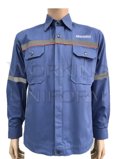 เสื้อช็อปแขนยาวสีฟ้า ติดแถบสะท้อนแสง 1 นิ้ว กุ๊นส้ม