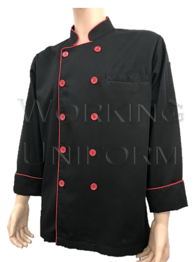 เสื้อกุ๊กเสื้อเชฟ เสื้อพ่อครัวยูนิฟอร์มในโรงแรมสีดำ กุ๊นแดง คอจีน กระดุม2 แถว