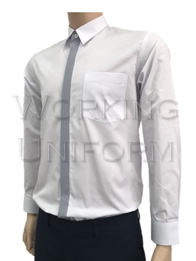 เสื้อเชิ้ตแขนยาว สีขาว แต่งสาปสีเทา ผ้าคอมทวิว เสื้อเชิ้ตแขนยาว สีขาว แต่งสาปสีเทา ผ้าคอมทวิว
