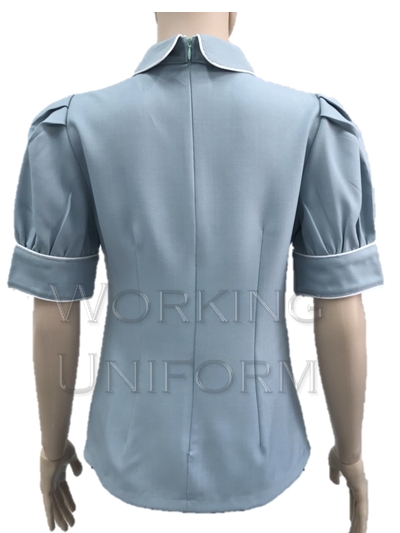 เสื้อผู้หญิงคอบัว สีฟ้า กุ๊นขาว เสื้อผู้หญิงคอบัว สีฟ้า กุ๊นขาว