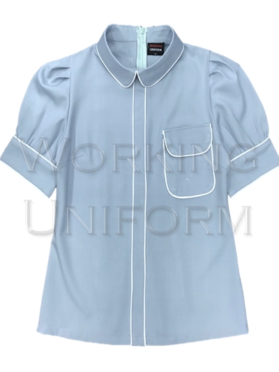 เสื้อผู้หญิงคอบัว สีฟ้า กุ๊นขาว เสื้อผู้หญิงคอบัว สีฟ้า กุ๊นขาว