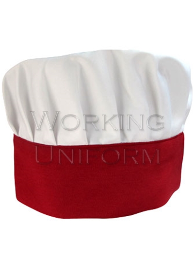 หมวกกุ๊กสากลสีขาว ทรงเตี้ย จีบรอบ ฐานหมวกสีแดง