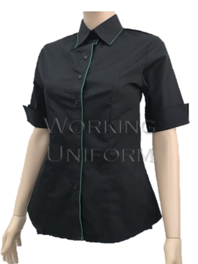 เสื้อเชิ้ตแขนสั้นสีดำ แขนเบิ้ล กุ๊นเขียว เสื้อเชิ้ตแขนสั้นสีดำ แขนเบิ้ล กุ๊นเขียว