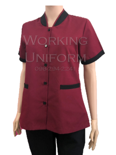 เสื้อแม่บ้านคอวี สีเลือดหมู แต่งดำ IN STOCK เสื้อแม่บ้านคอวี สีเลือดหมู แต่งดำ IN STOCK
