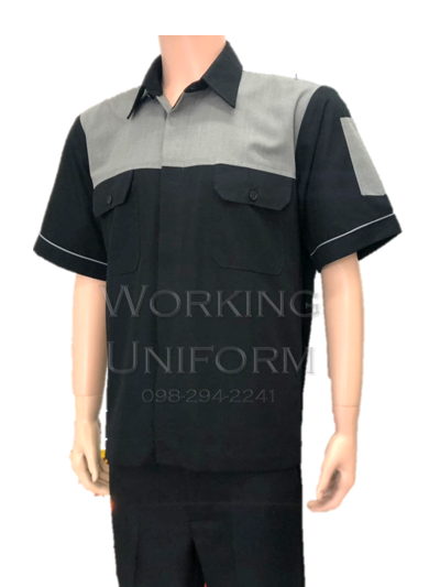 เสื้อช็อปแขนสั้นสีดำ แต่งเทา IN STOCK เสื้อช็อปแขนสั้นสีดำ แต่งเทา IN STOCK