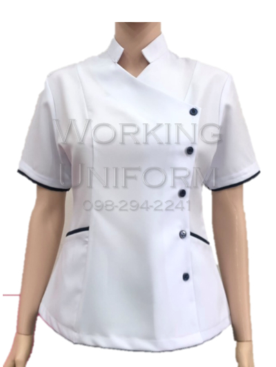 เสื้อพยาบาลคอจีน สีขาว กุ๊นกรมท่า IN STOCK เสื้อพยาบาลคอจีน สีขาว กุ๊นกรมท่า IN STOCK
