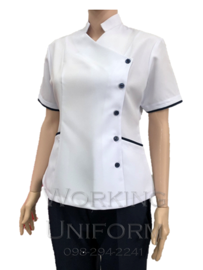 เสื้อพยาบาลคอจีน สีขาว กุ๊นกรมท่า IN STOCK เสื้อพยาบาลคอจีน สีขาว กุ๊นกรมท่า IN STOCK