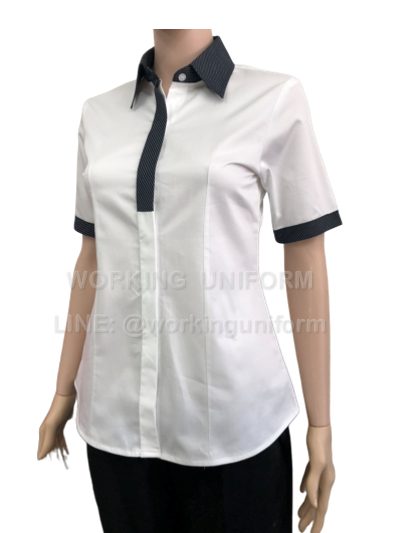 เสื้อเชิ้ตแขนสั้นสีขาว แต่งผ้าลายริ้วดำขาว IN STOCK