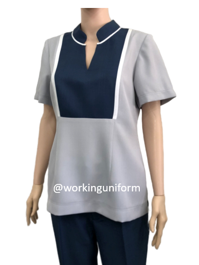 เสื้อแม่บ้านคอจีน สีเทาแต่งกรมท่า กุ๊นขาว IN STOCK เสื้อแม่บ้านคอจีน สีเทาแต่งกรมท่า กุ๊นขาว IN STOCK