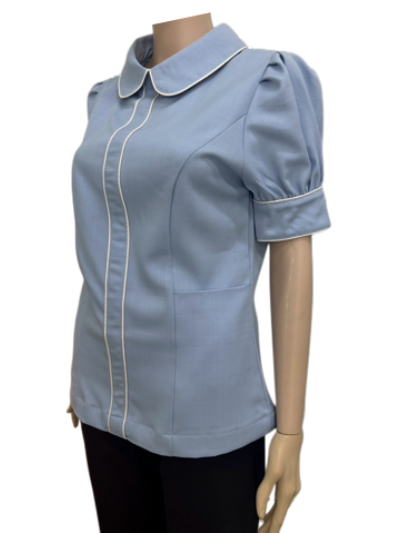 เสื้อแม่บ้าน คอบัว สีฟ้า กุ๊นขาว IN STOCK