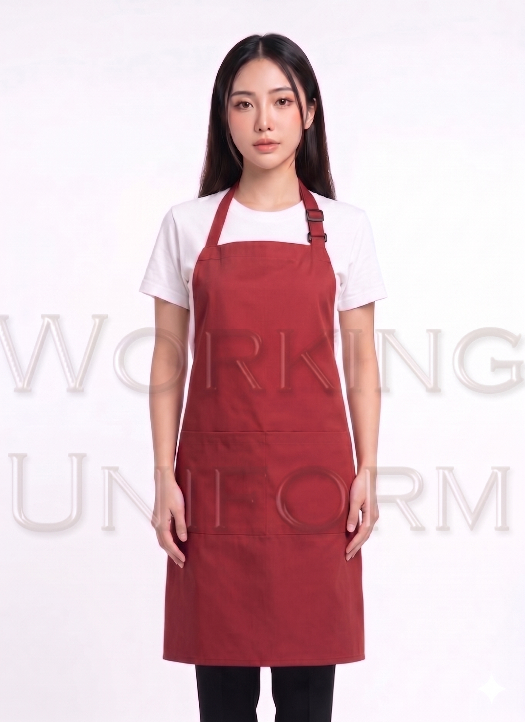 ผ้ากันเปื้อนเต็มตัว สีแดง กระเป๋ากลาง IN STOCK