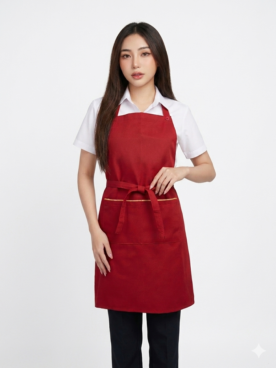 ผ้ากันเปื้อนเต็มตัว สีแดง กุ๊นทอง IN STOCK