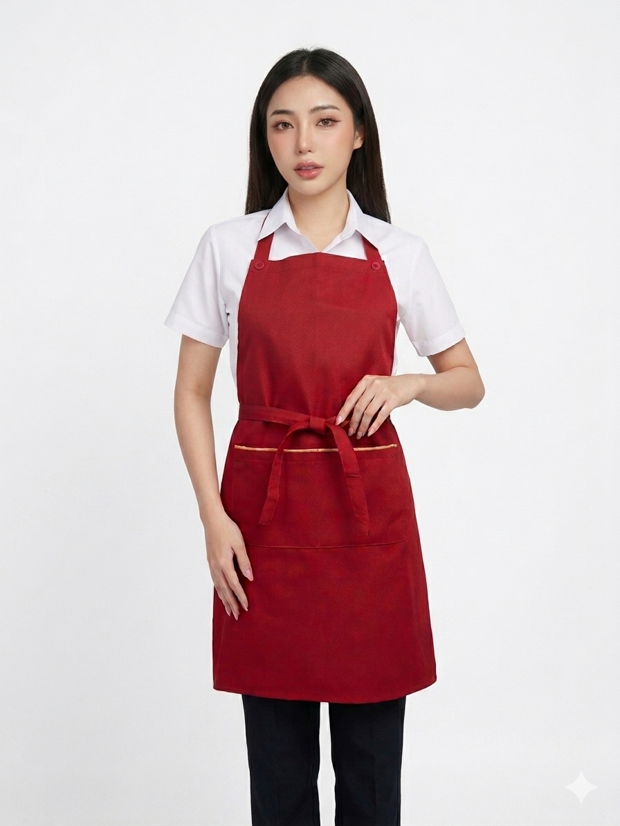 ผ้ากันเปื้อนเต็มตัว สีแดง กุ๊นทอง IN STOCK