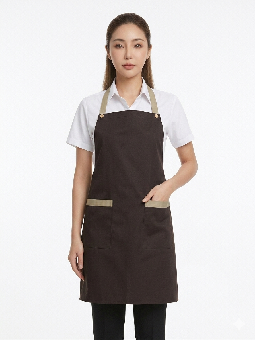 ผ้ากันเปื้อนเต็มตัว สีน้ำตาลเข้ม แต่งน้ำตาลอ่อน IN STOCK