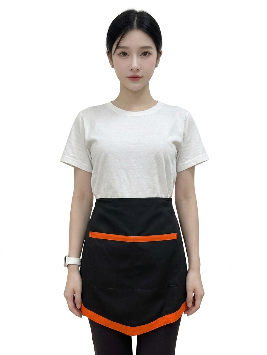 ผ้ากันเปื้อนครึ่งตัวสั้น สีดำแถบส้ม  IN STOCK