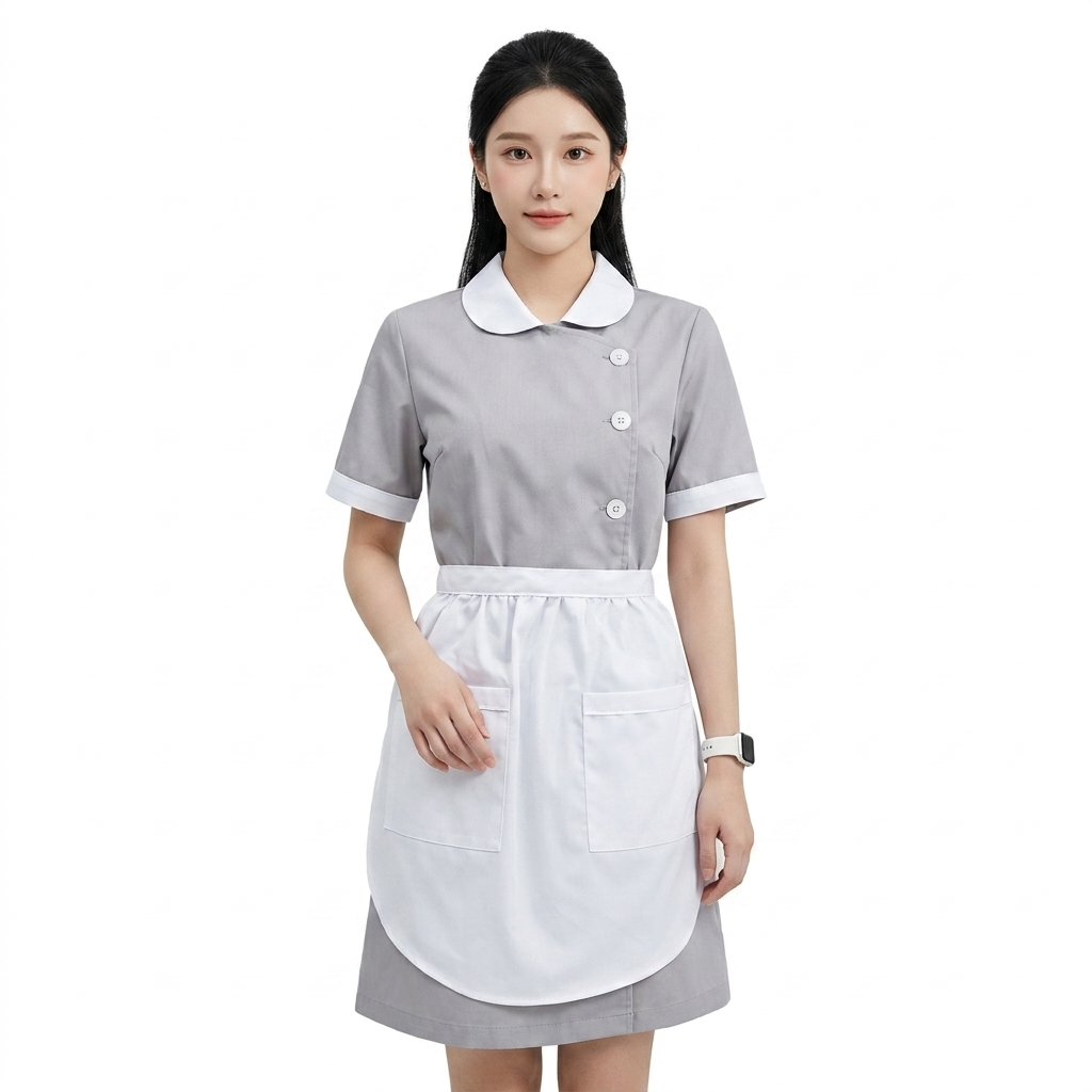 ชุดเดรสแม่บ้าน สีเทาคอบัว ปกขาว (ไม่รวมผ้ากันเปื้อน) IN STOCK