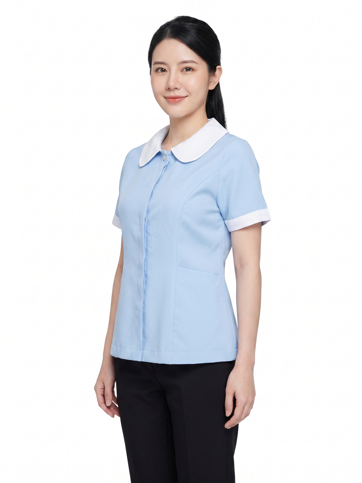 เสื้อแม่บ้านคอบัว สีฟ้า ปกขาว