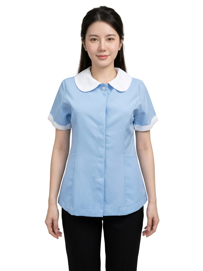 เสื้อแม่บ้านคอบัว สีฟ้า ปกขาว